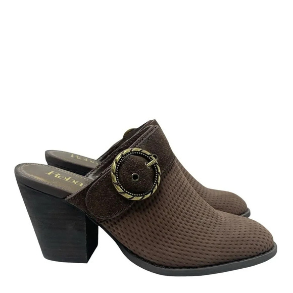 Reba Womens Size 7 Kaelyn Suede Leather Textured Slide Mule Booties Buckle Brown - Picture 1 of 12